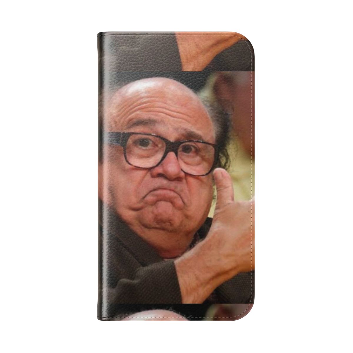 Danny Devito-themed flip cover phone case with "Always Sunny" branding - Folded Back