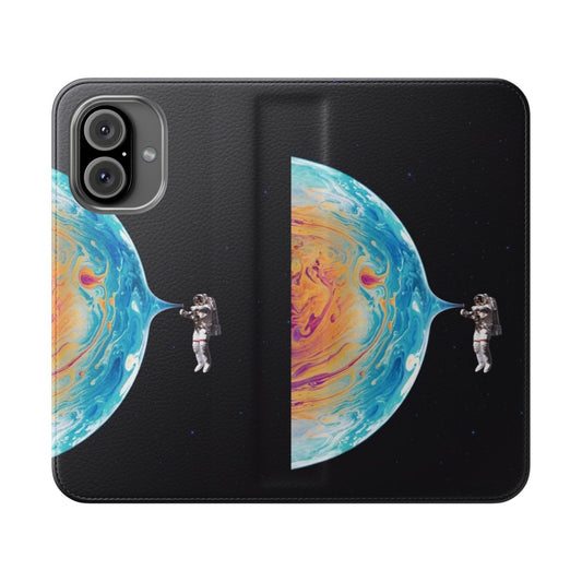 Flip cover phone case with a surreal, space-themed design featuring an astronaut, planets, and cosmic elements.