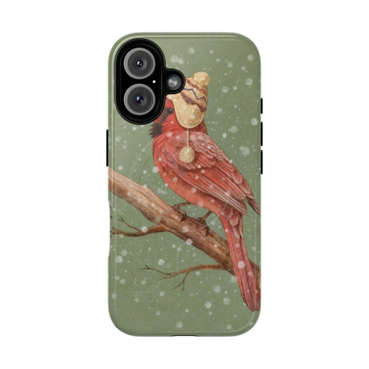 A phone case featuring a beautiful red cardinal bird in a snowy winter scene, designed by artist Terry Fan.