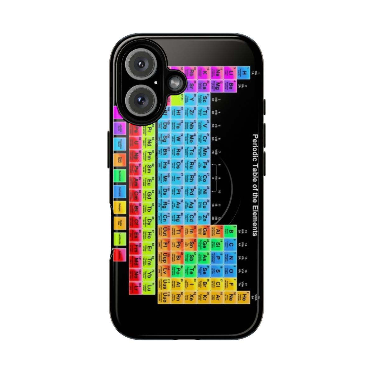 Colorful periodic table design on a black magnetic tough phone case