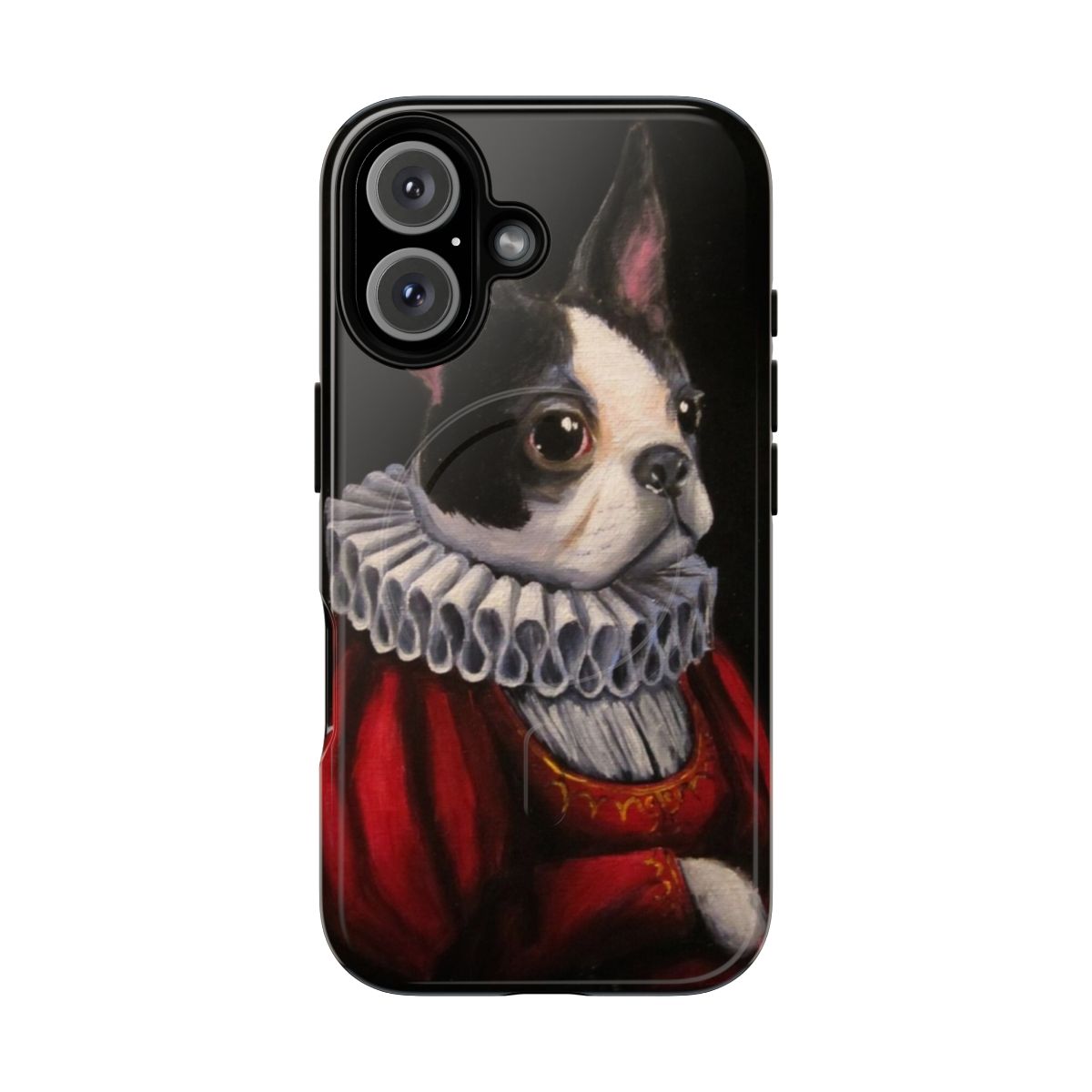 Illustration of a Boston Terrier dressed in Renaissance-inspired attire against a steampunk background