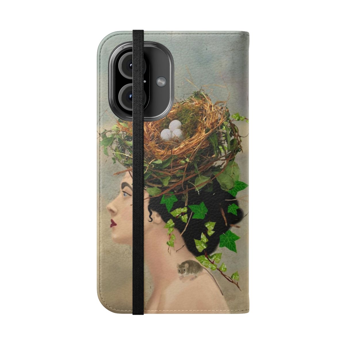 A flip phone case featuring a realistic birds nest, butterflies, leaves, and a blue sky background. - Folded Front