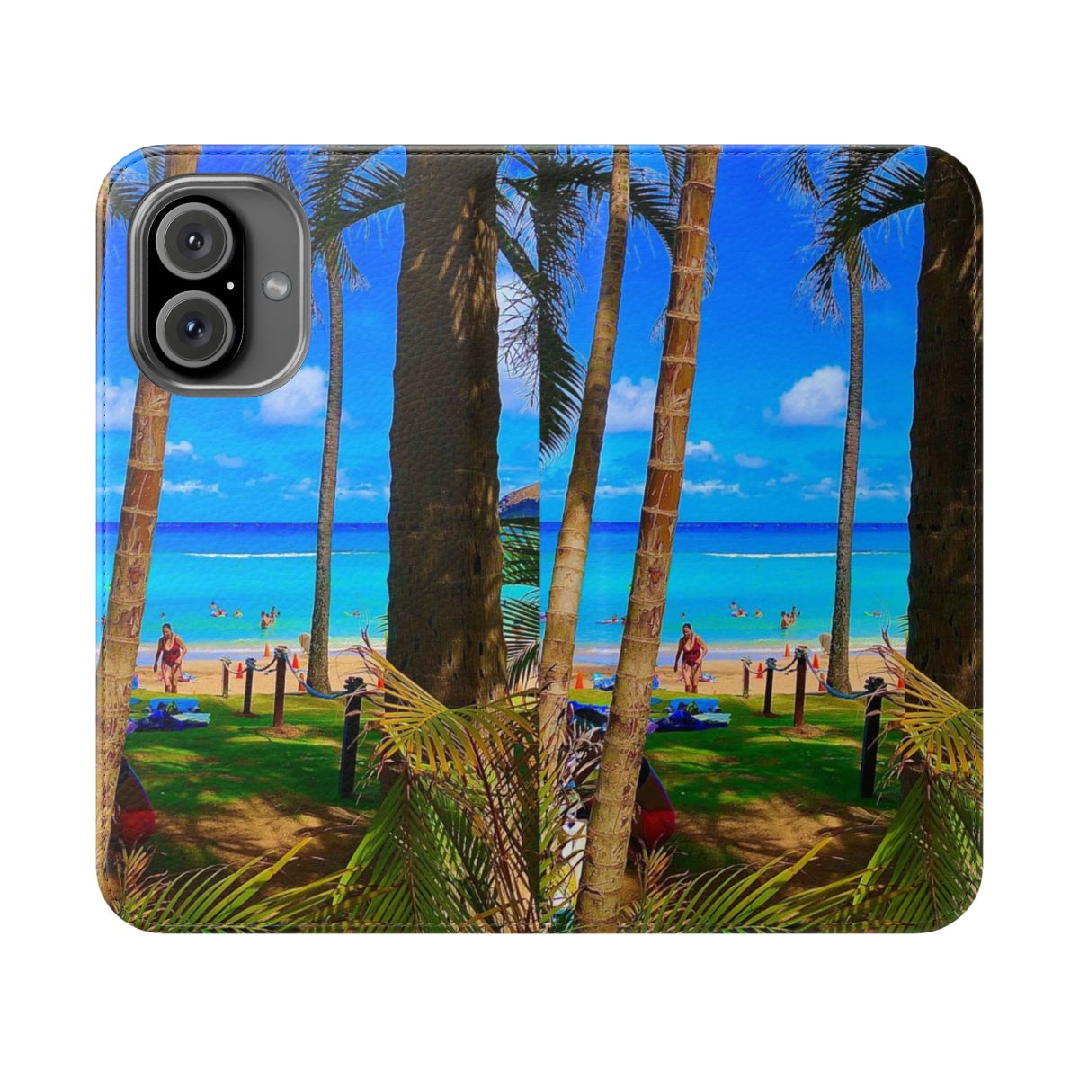 Tropical paradise-inspired flip cover phone case with palm trees and beach design