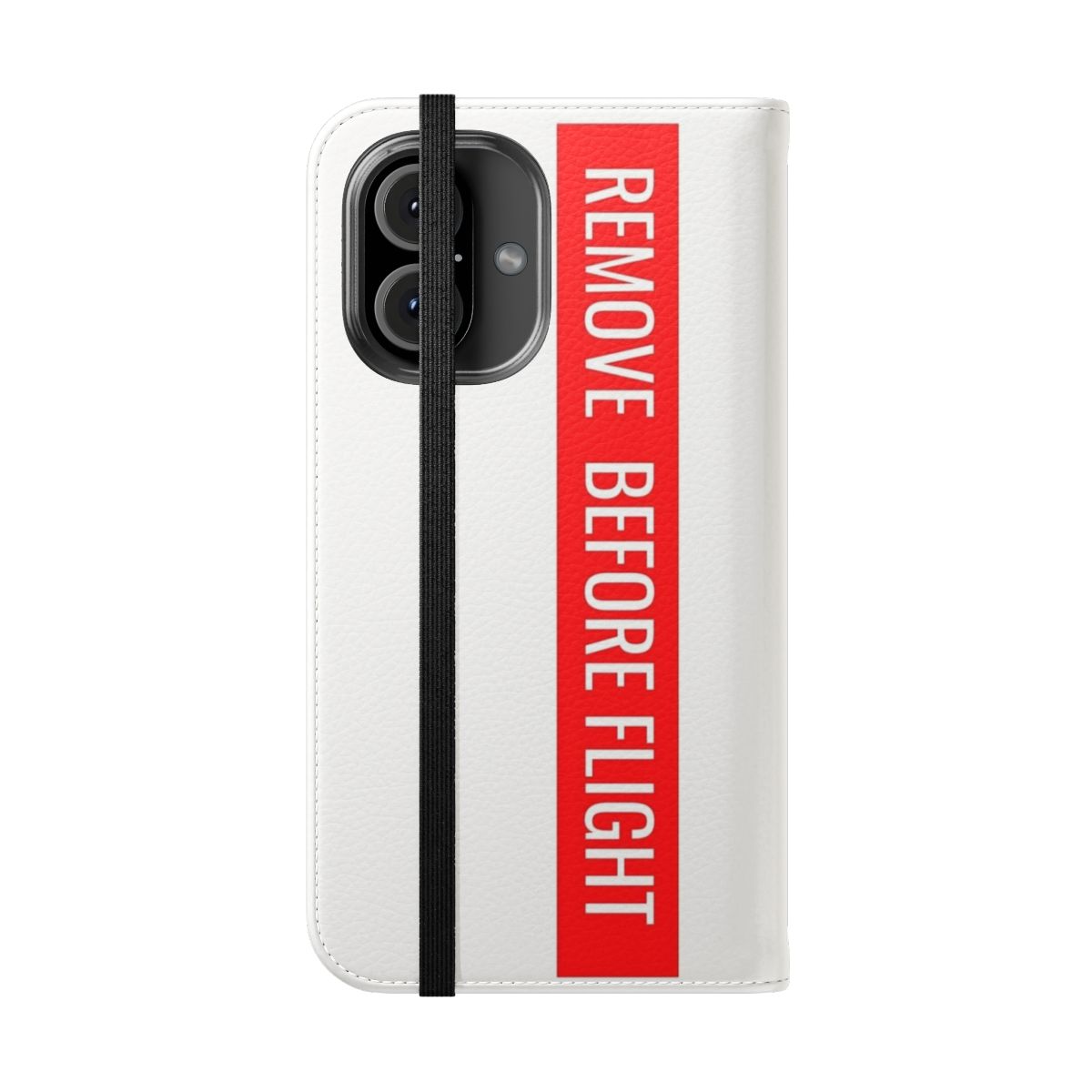 Aviation-themed flip phone case with "Remove Before Flight" text - Folded Front