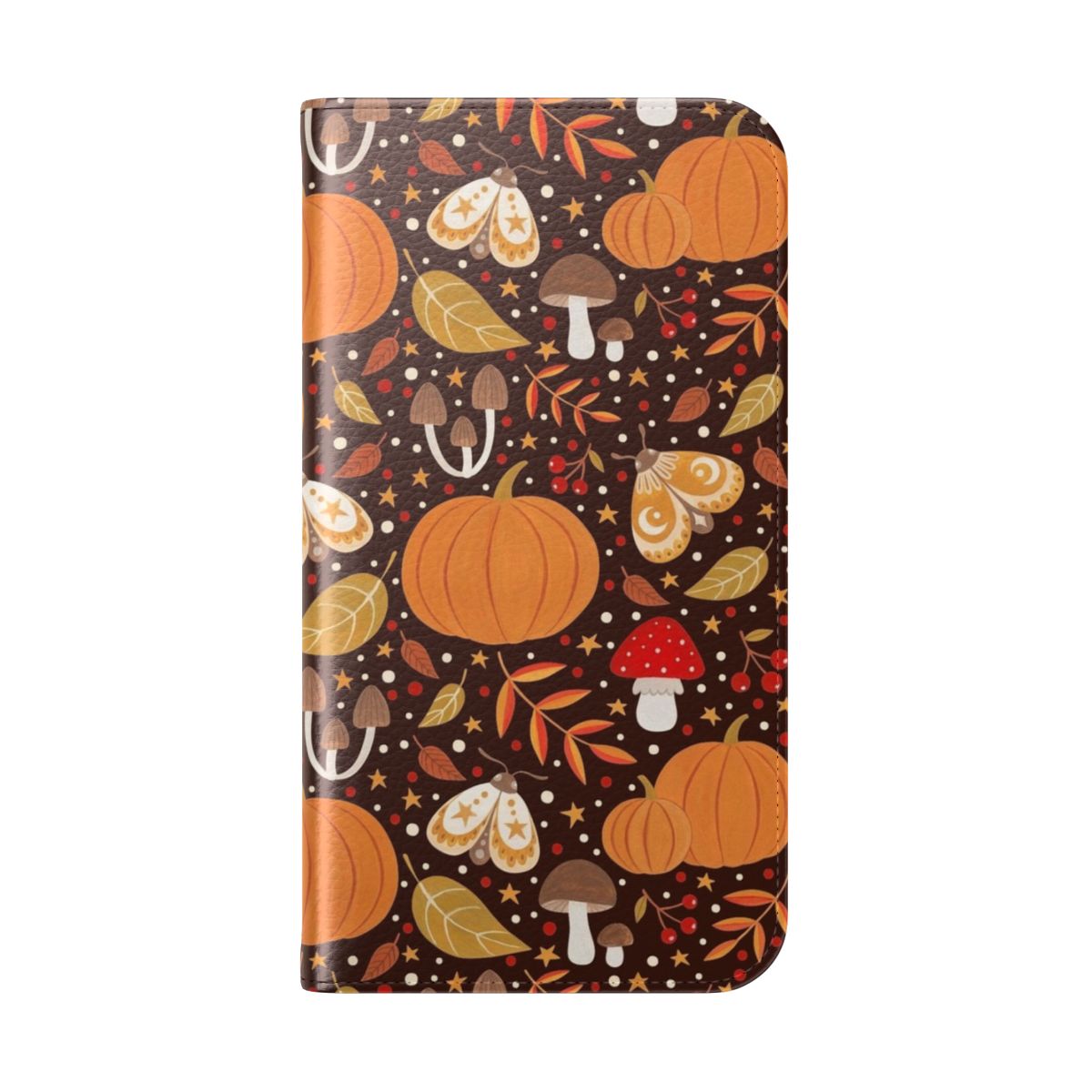 Autumn elements phone case with leaves, berries, pumpkins, and nature motifs - Folded Back