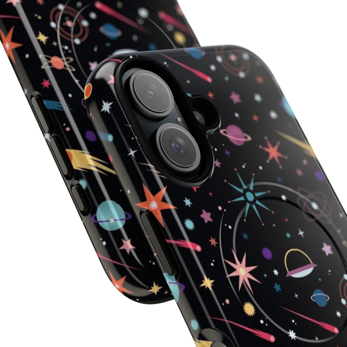 Colorful space-themed phone case with planets, stars, and cosmic patterns - Detail