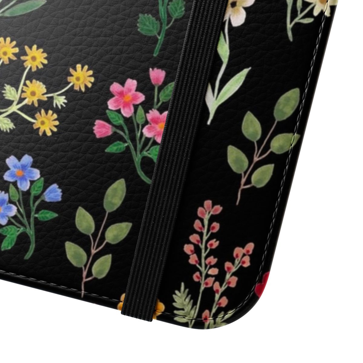 Closeup of a black flip cover phone case featuring a vibrant floral pattern design. - Close Up