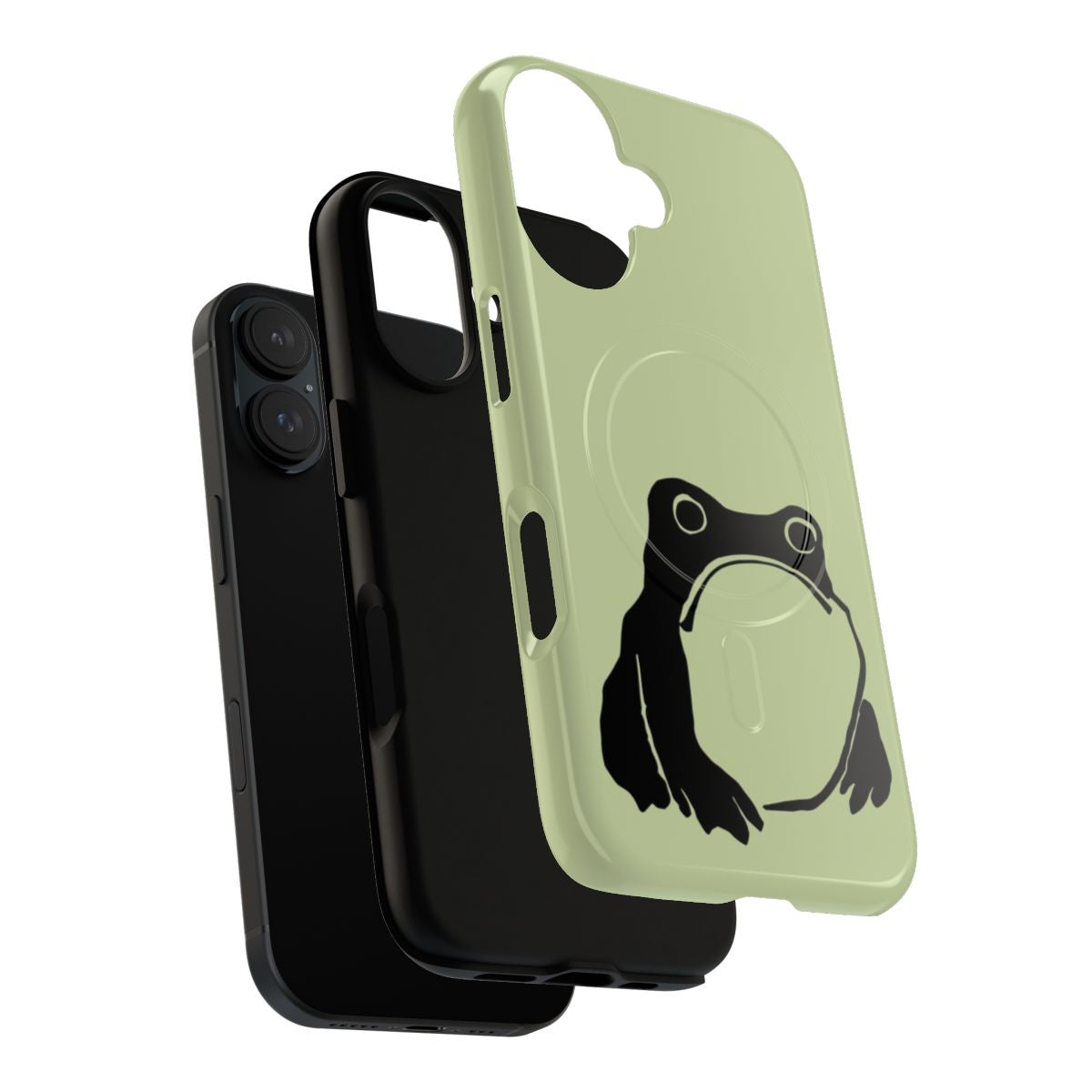 Transparent phone case with a cutout of a grumpy-looking frog, inspired by Japanese ukiyo-e art. - Layers