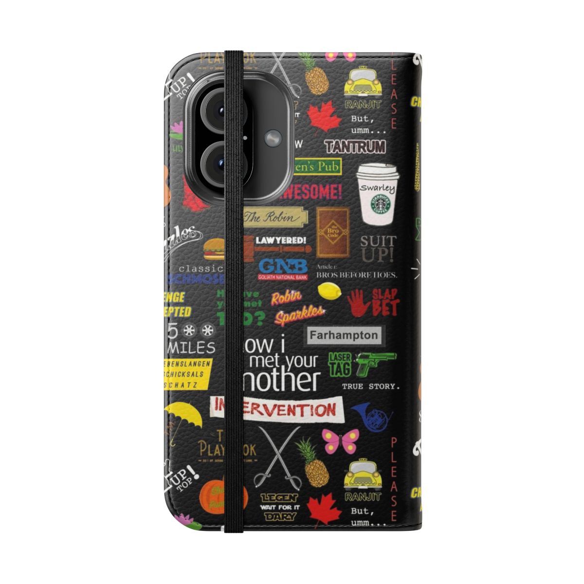 A flip cover phone case featuring a collage design inspired by the TV show "How I Met Your Mother". - Folded Front