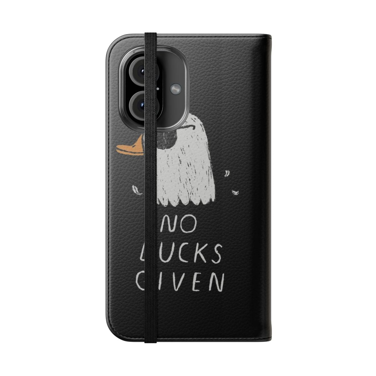 Ducky duck feathers phone case with a "no ducks given" pun design - Folded Front