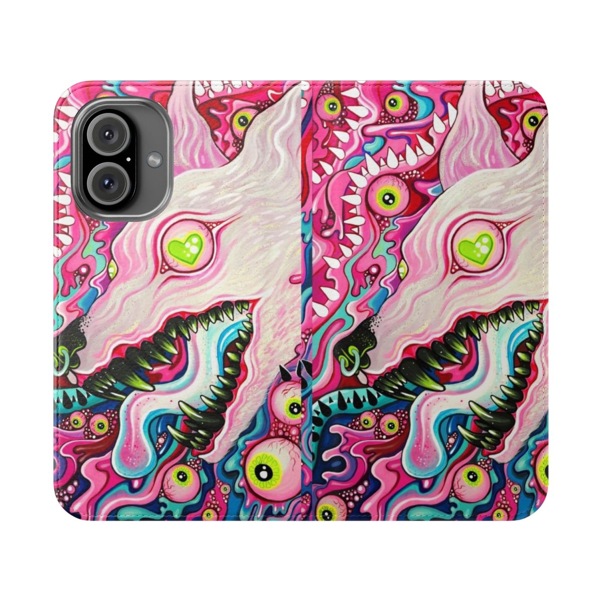 Acrylic painting of a wolf or dog on a phone case with gothic and pastel elements