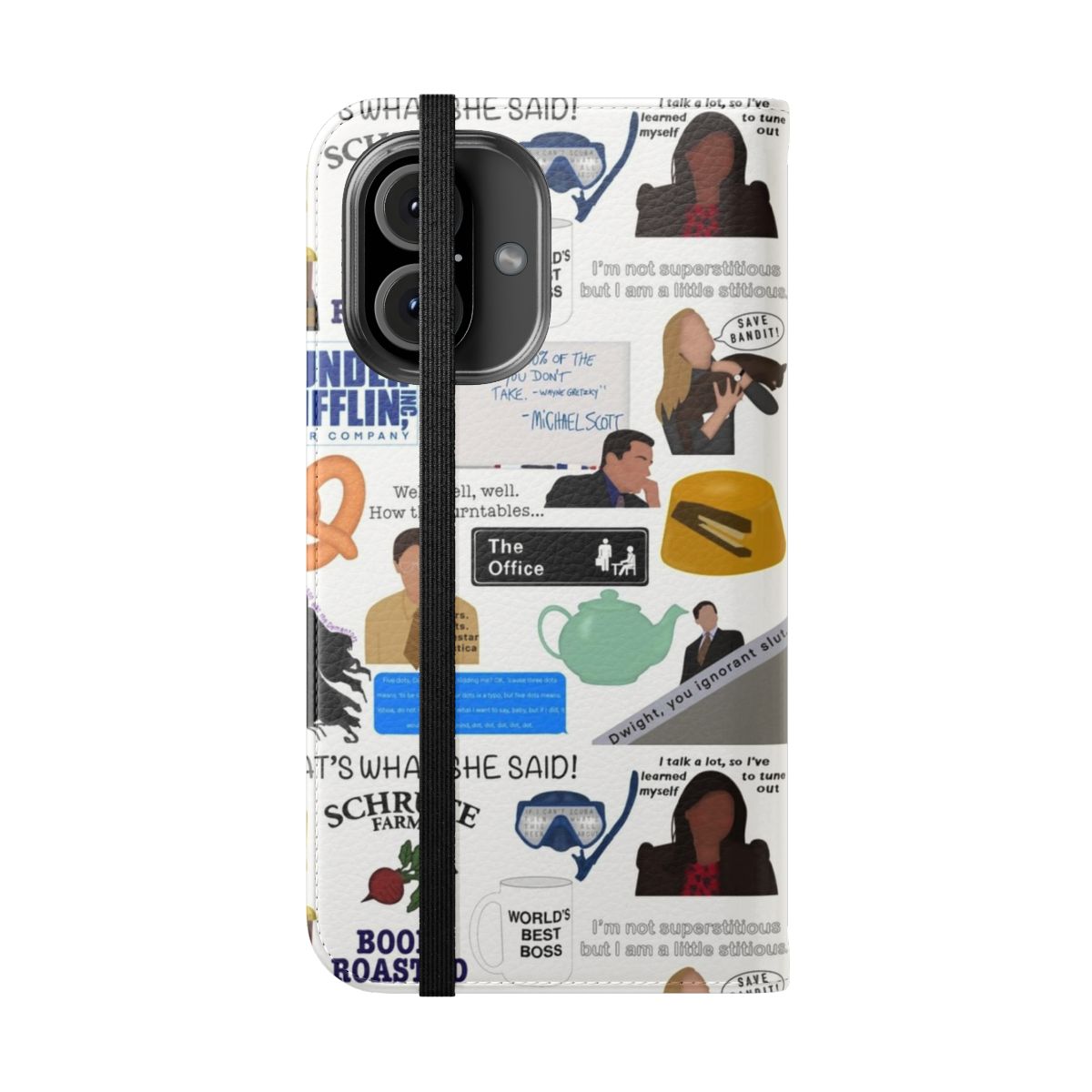 Collage-style flip cover phone case featuring designs inspired by the popular TV show The Office - Folded Front