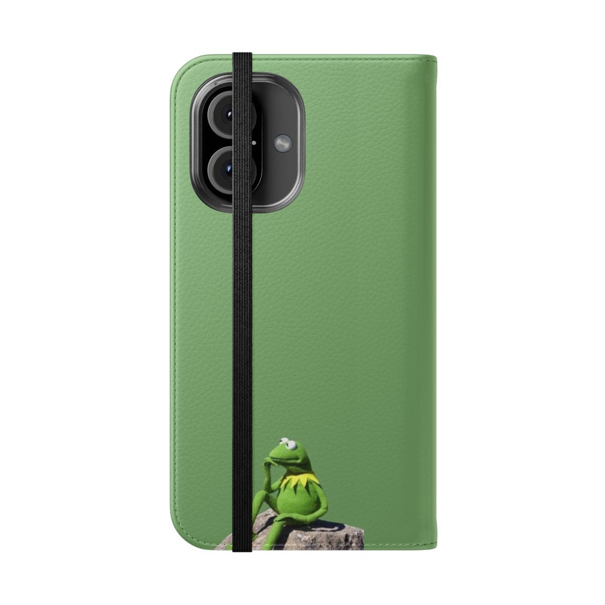 Green meme-inspired flip phone case with an illustration of Kermit the Frog in a "thinking" pose - Folded Front