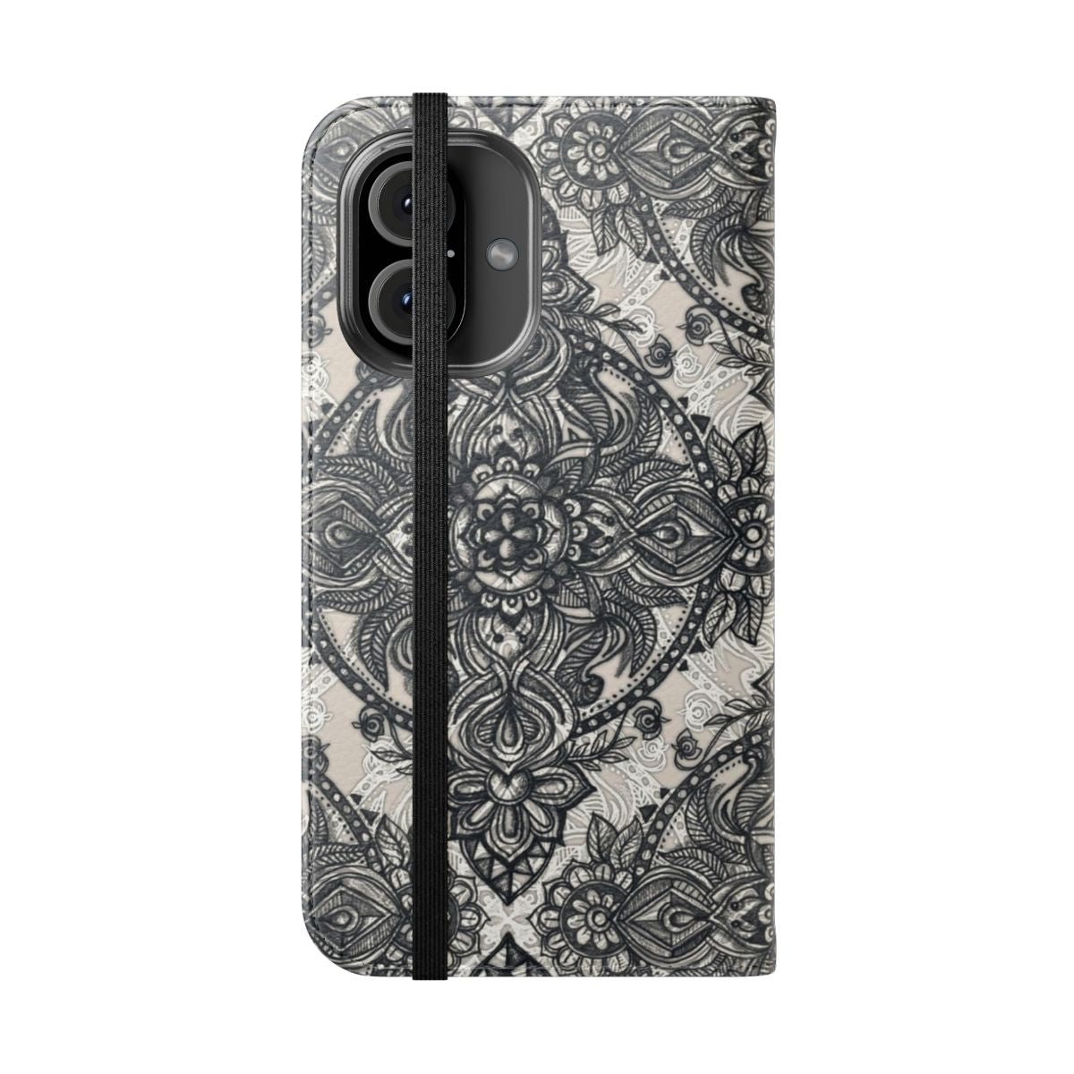 Charcoal Lace Pencil Doodle Boho Pattern Phone Case - Folded Front