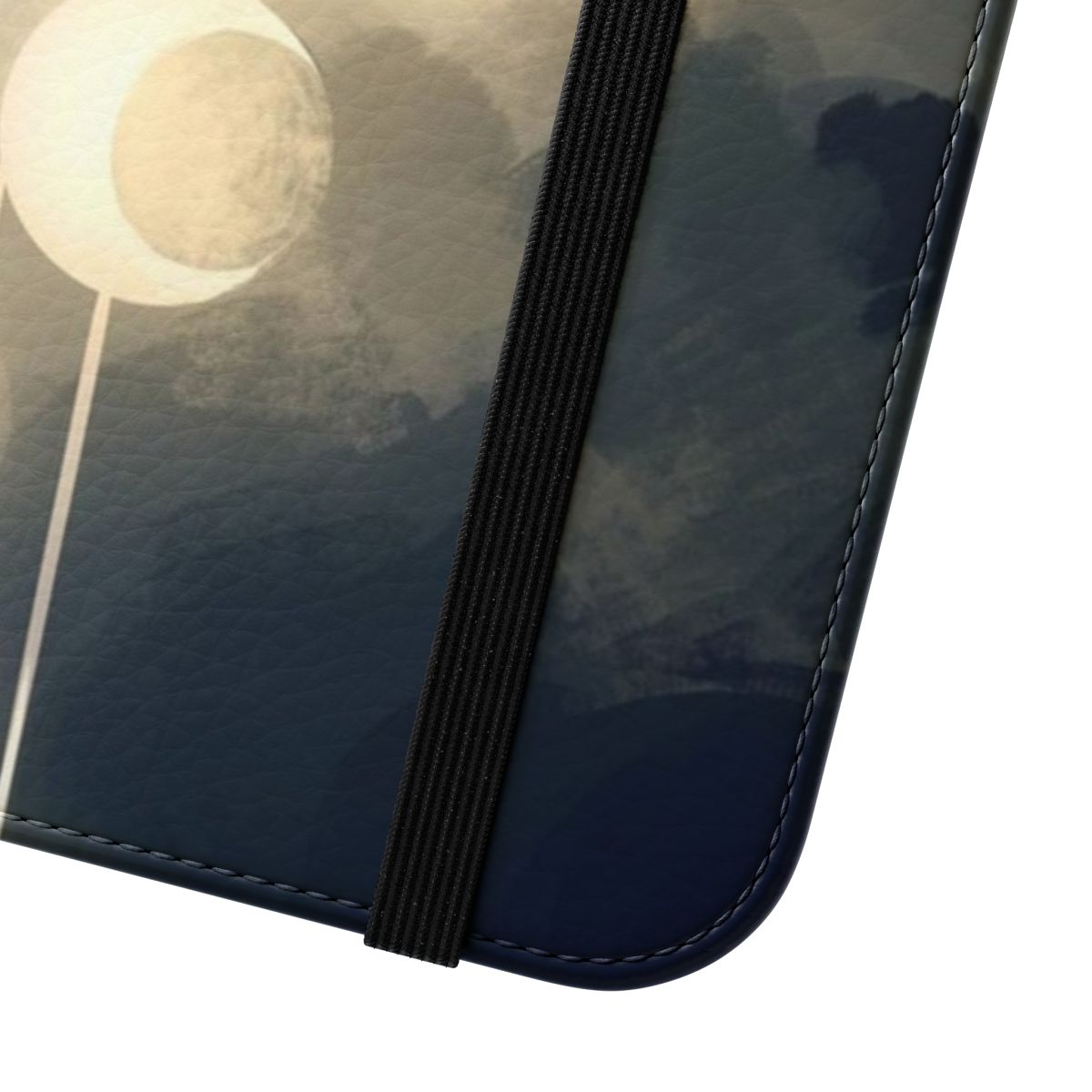 Flip cover phone case with a design featuring various phases of the moon against a celestial, glowing backdrop. - Close Up