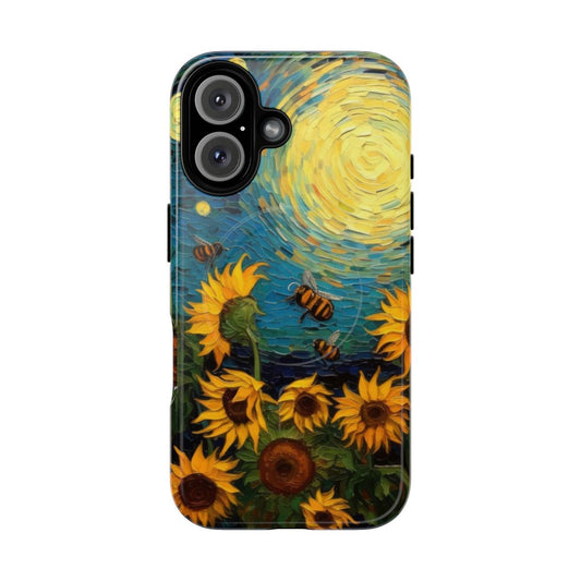 Sunflower and bee magnetic tough phone case with a beautiful oil painting-inspired design