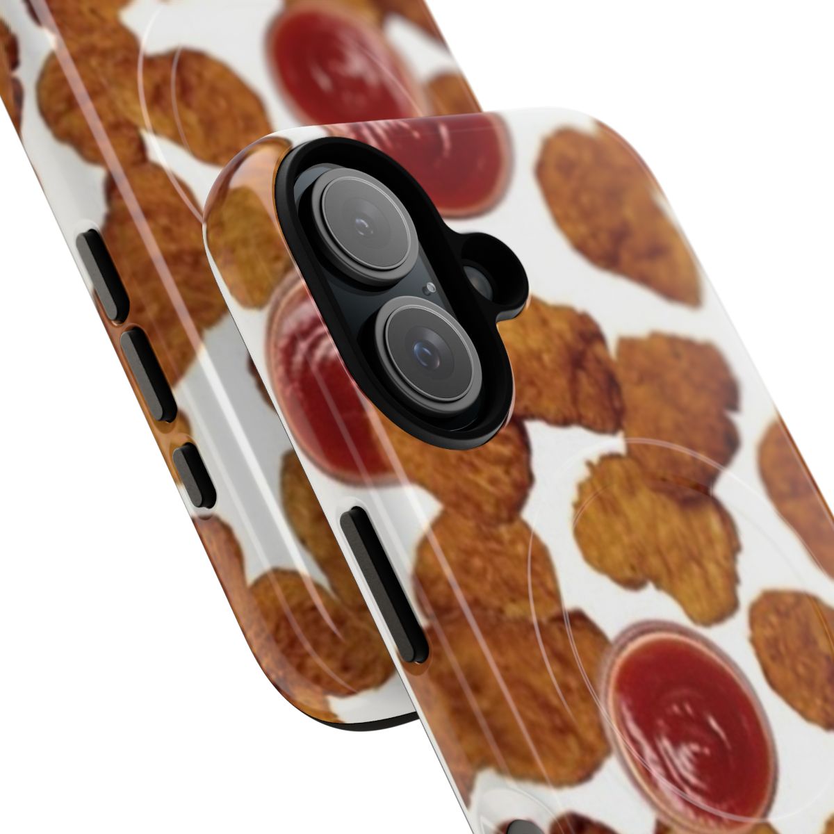 A tough, magnetic phone case featuring a vibrant chicken nugget design. - Detail