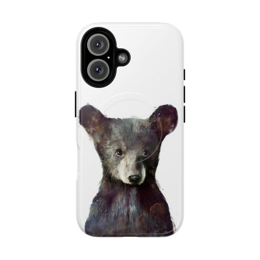 Artistic phone case featuring a little bear cub in a nature-inspired watercolor and ink design