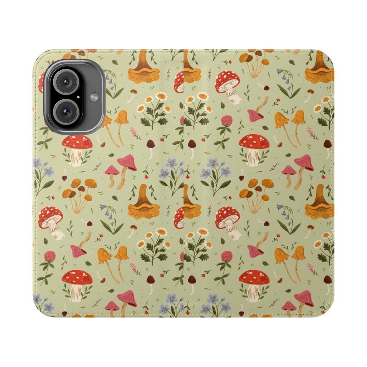 Flip cover phone case featuring a botanical design with mushrooms and wildflowers