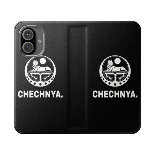 Flip cover phone case with a Chechnya-inspired wolf design