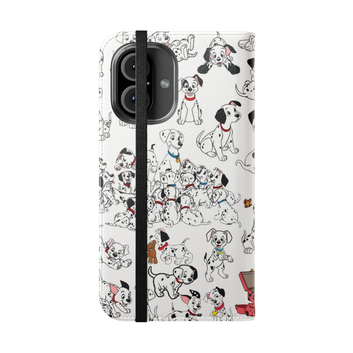 A flip phone case featuring a collage of 101 Dalmatian puppies in black, white, and gray tones. - Folded Front