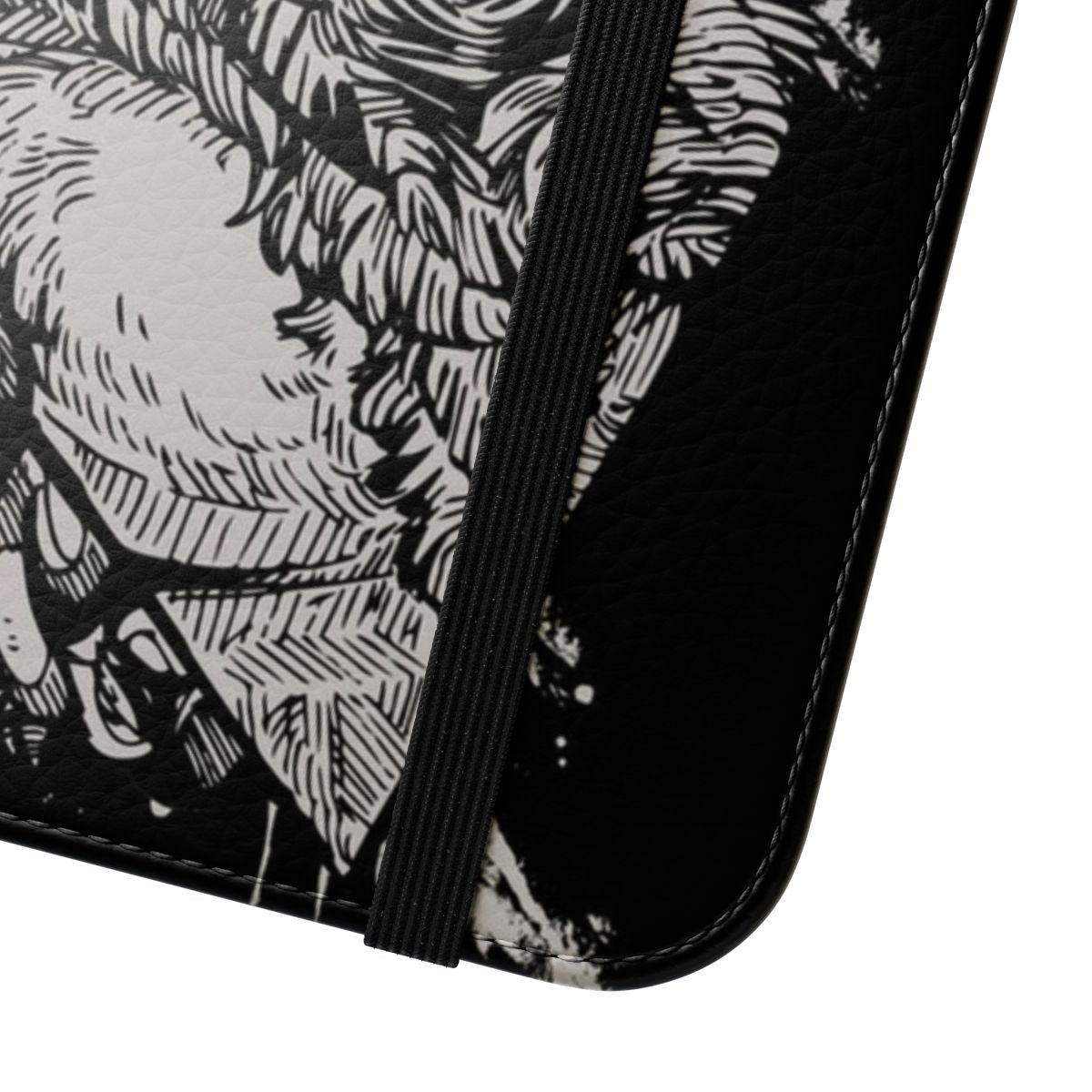 Closeup of a stylish flip cover phone case featuring a detailed werewolf design - Close Up