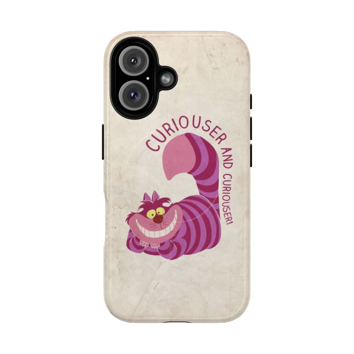 Retro-style Alice in Wonderland Cheshire Cat phone case with magnetic closure and tough design