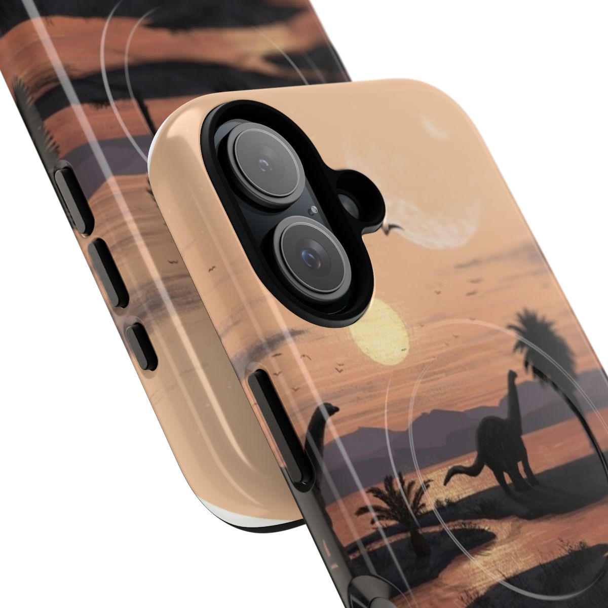 Jurassic beach phone case featuring a dinosaur and nature landscape design - Detail