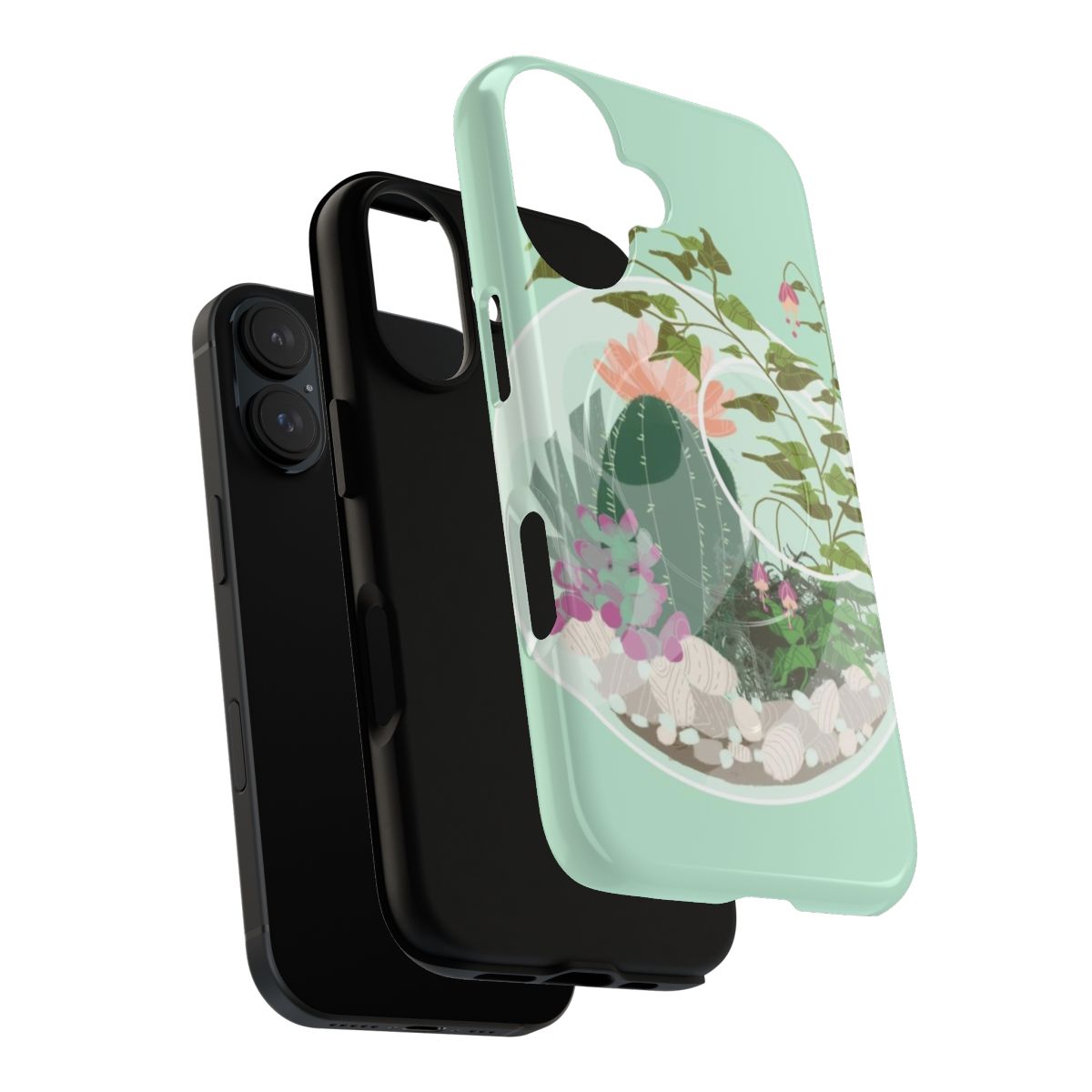 Round terrarium-themed magnetic phone case with natural elements like plants, pebbles, and leaves. - Layers