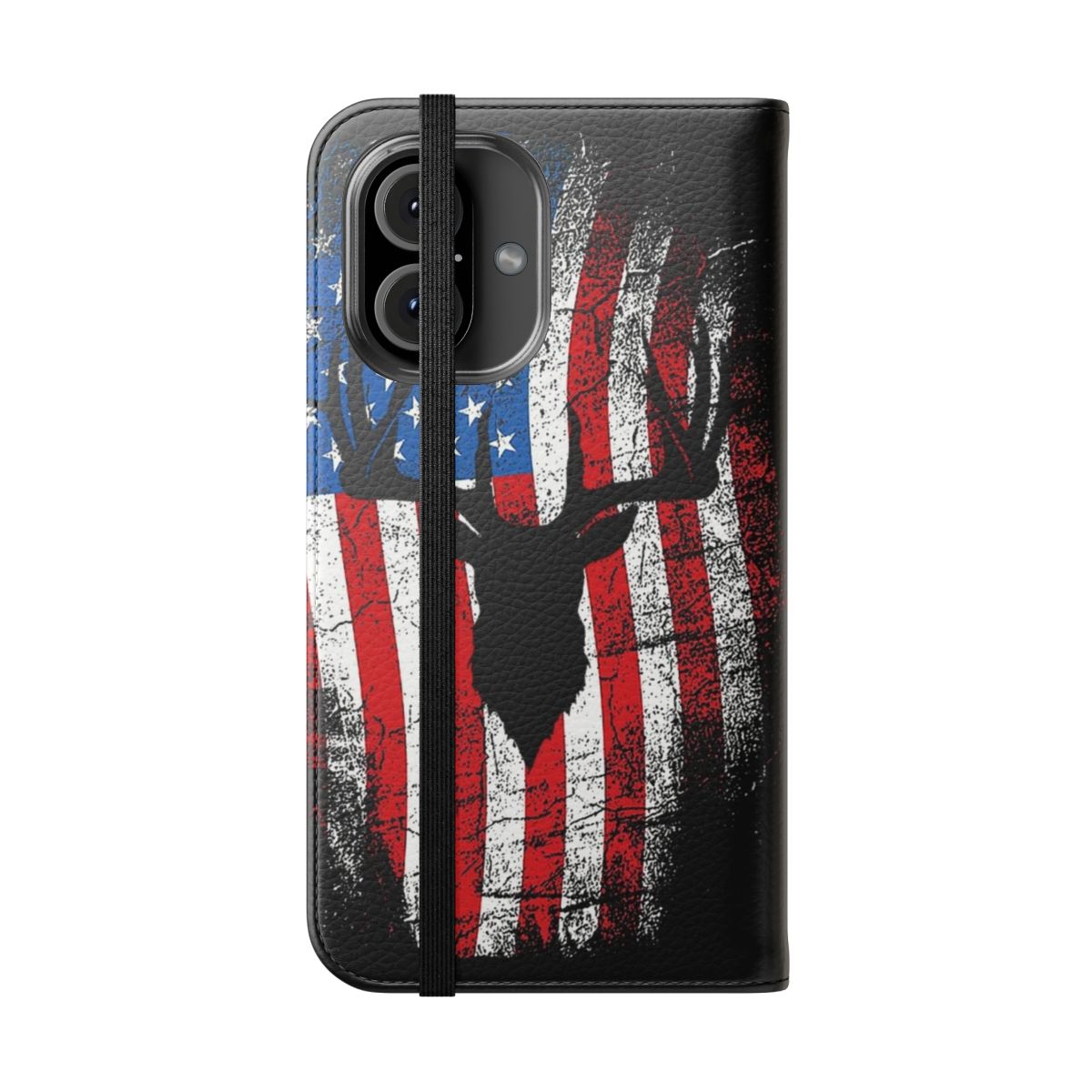 An American flag-themed phone case with a deer design, ideal for hunters and fathers. - Folded Front