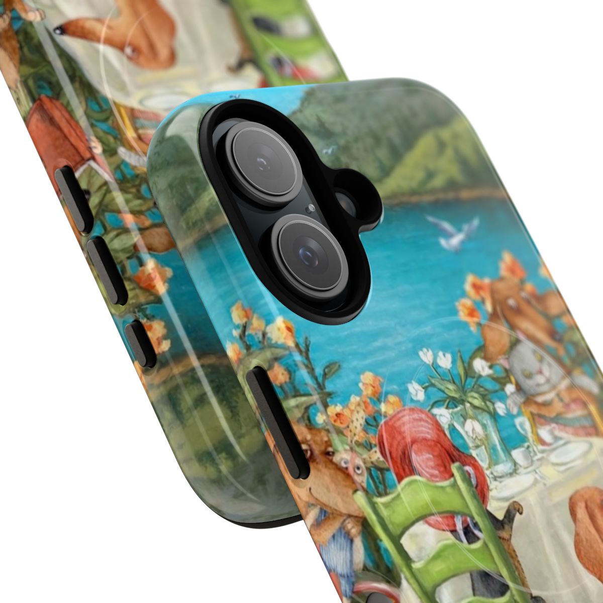 A durable phone case featuring a playful illustration of dachshund dogs playing near a lake. - Detail