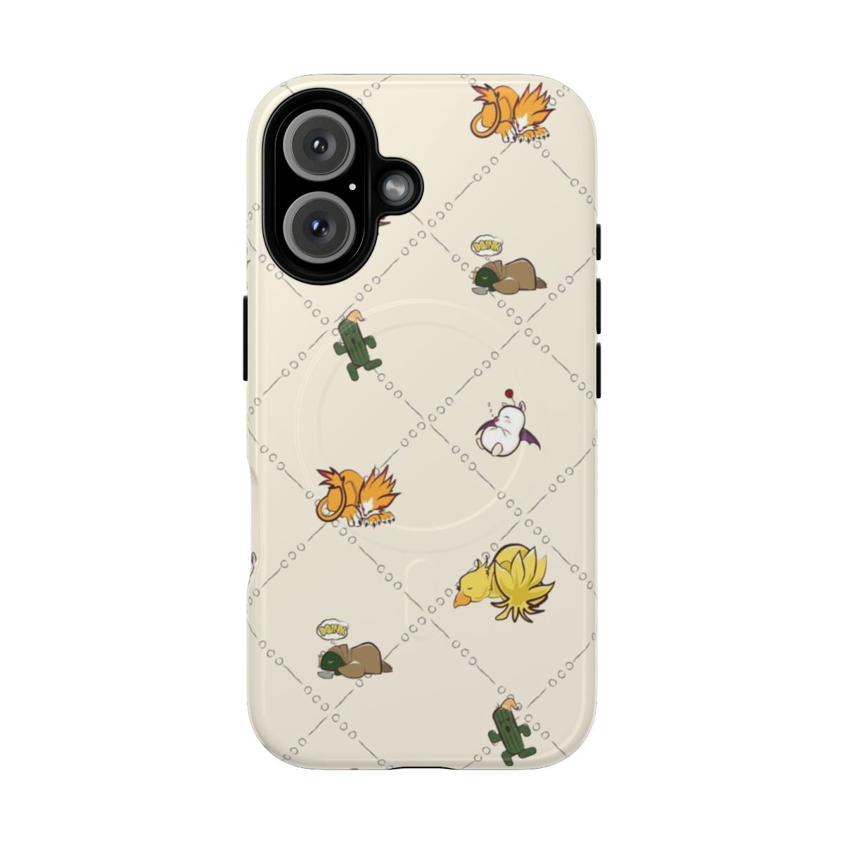 Cute sleeping fantasy creatures like chocobo, tonberry, cactuar, and moogle on a magnetic phone case