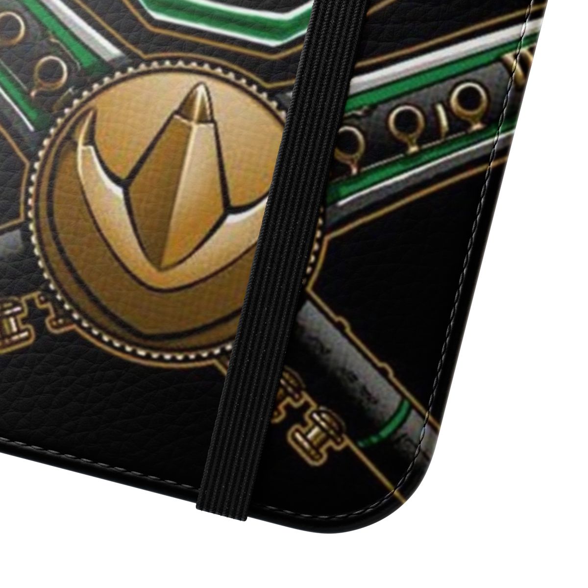 Retro-style flip cover phone case with green ranger inspired design - Close Up