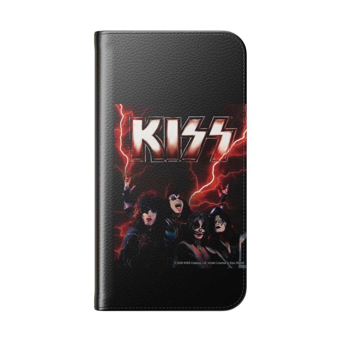 Retro-style Kiss band-inspired flip cover phone case featuring the iconic Kiss band members. - Folded Back