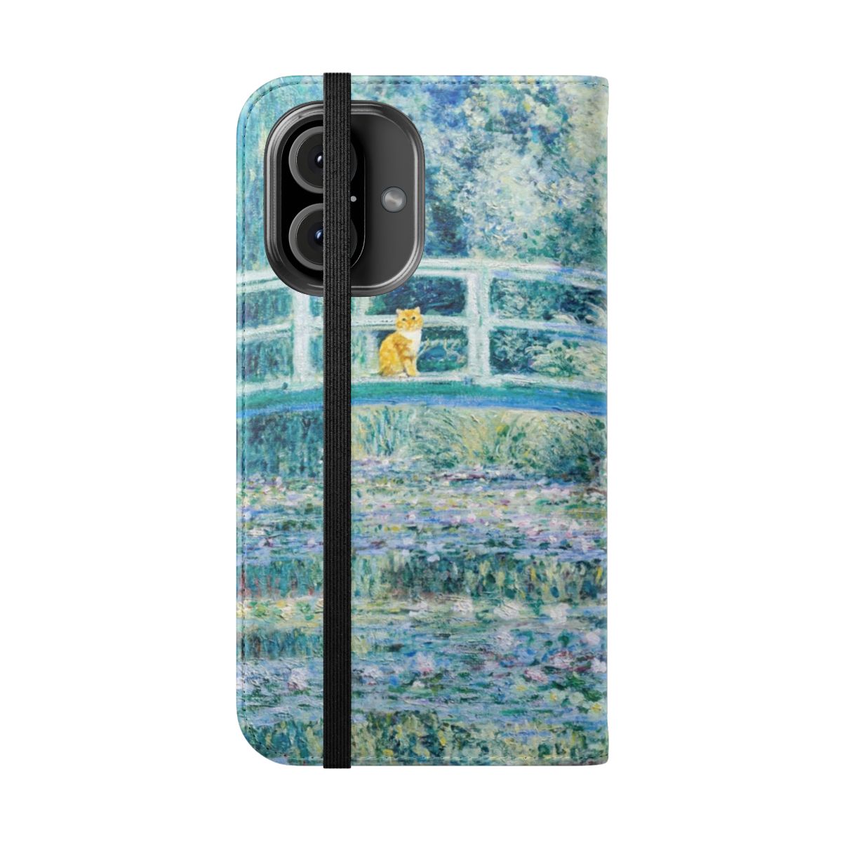 Flip cover phone case featuring Claude Monet's painting of water lilies, a Japanese bridge, and a funny orange cat. - Folded Front