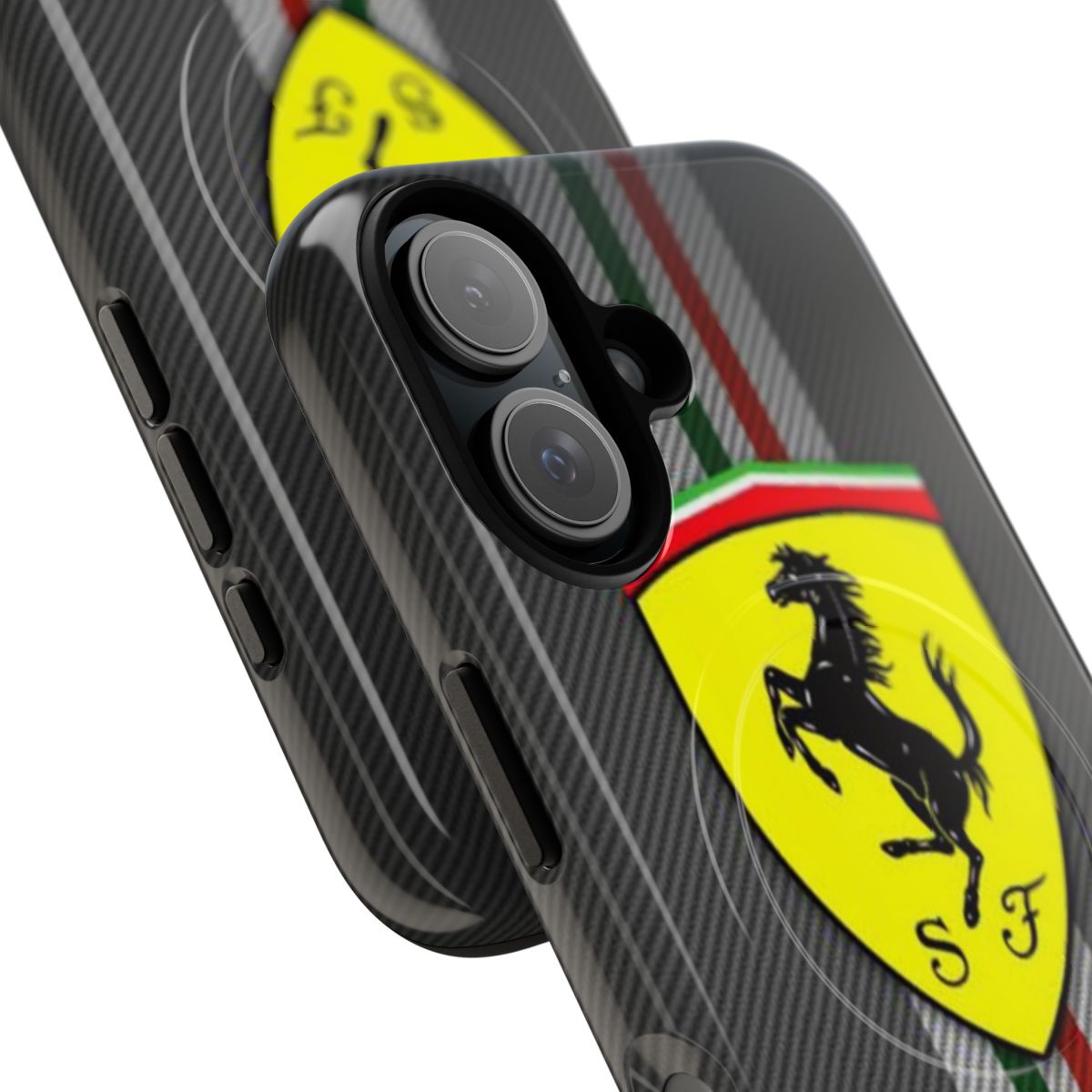 Carbon fiber-style magnetic tough phone case with Scuderia Ferrari logo - Detail