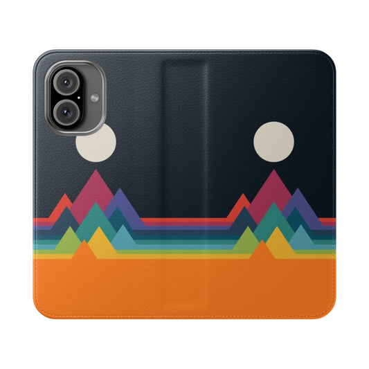 Colorful and whimsical phone case cover featuring geometric mountains in a rainbow pattern