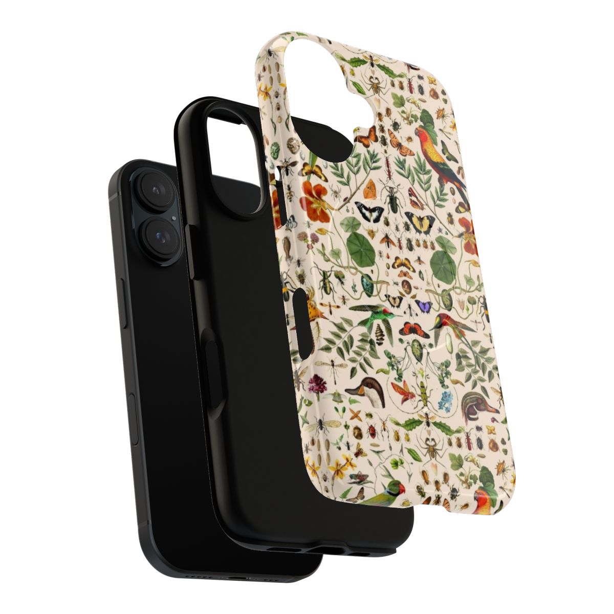 Colorful and intricate phone case design featuring a collage of nature elements including butterflies, birds, and botanicals. - Layers