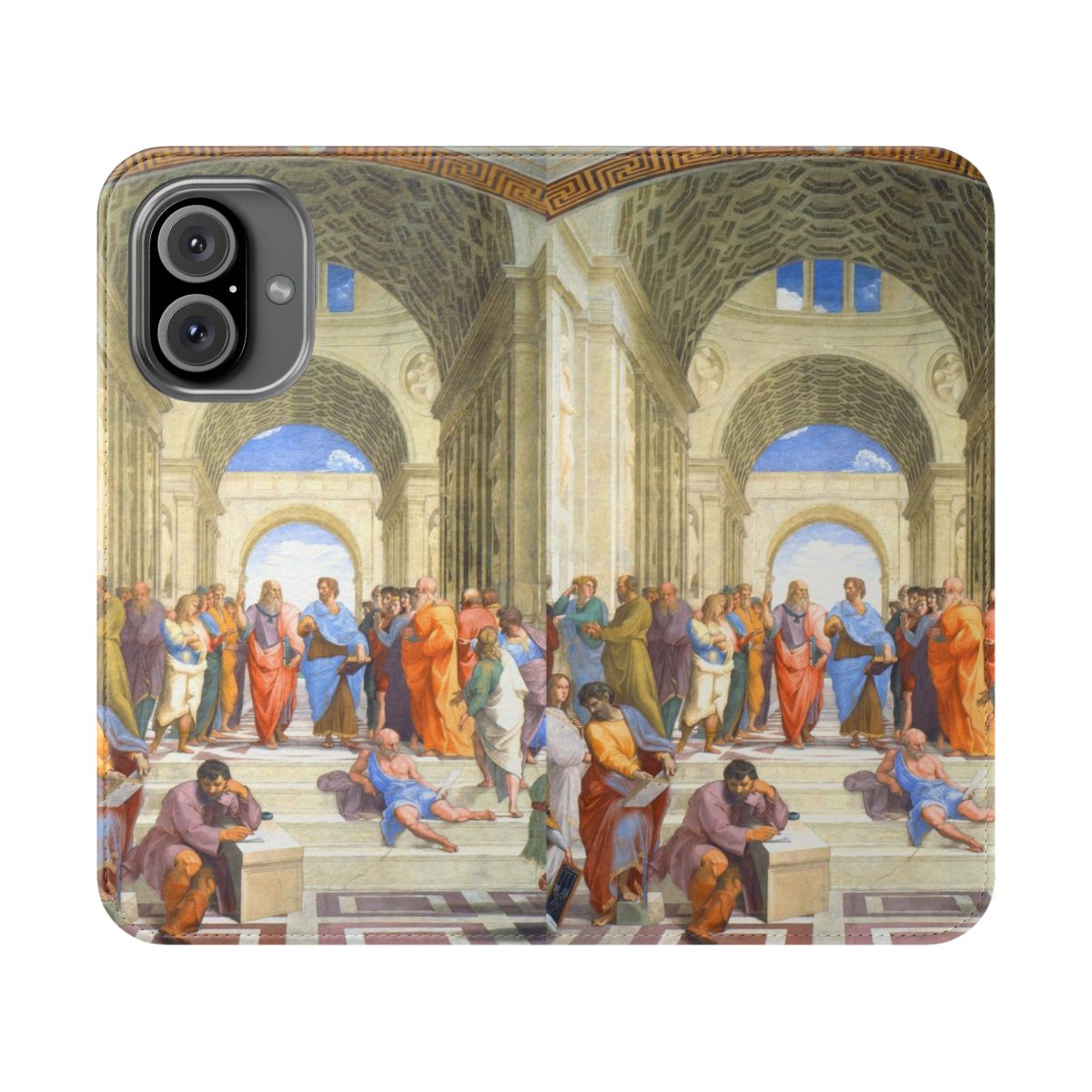 Flip cover phone case featuring the iconic "School of Athens" fresco by Raphael, depicting the famous Greek philosophers Plato and Aristotle.