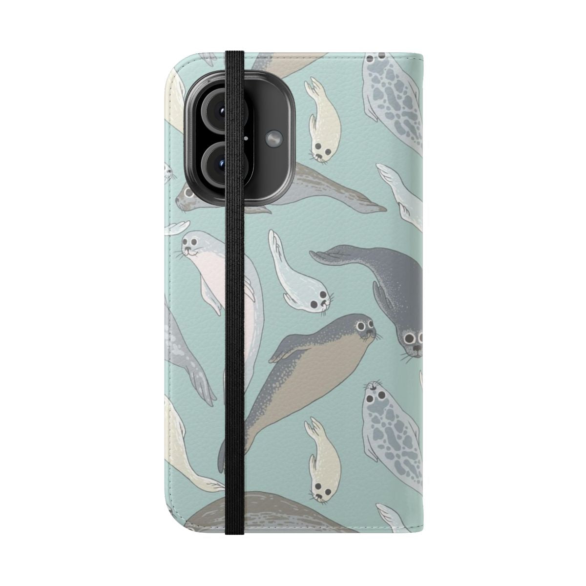 Seal-themed phone case with a cute, lifelike design of a baby seal - Folded Front