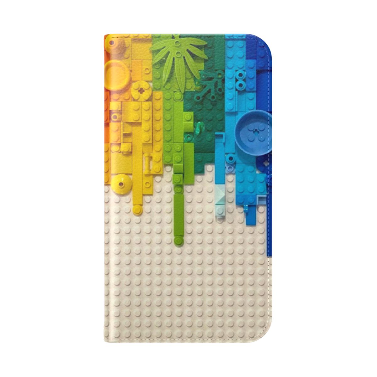 A vibrant flip phone case featuring Lego-inspired neon graphics and x-ray skeleton designs. - Folded Back