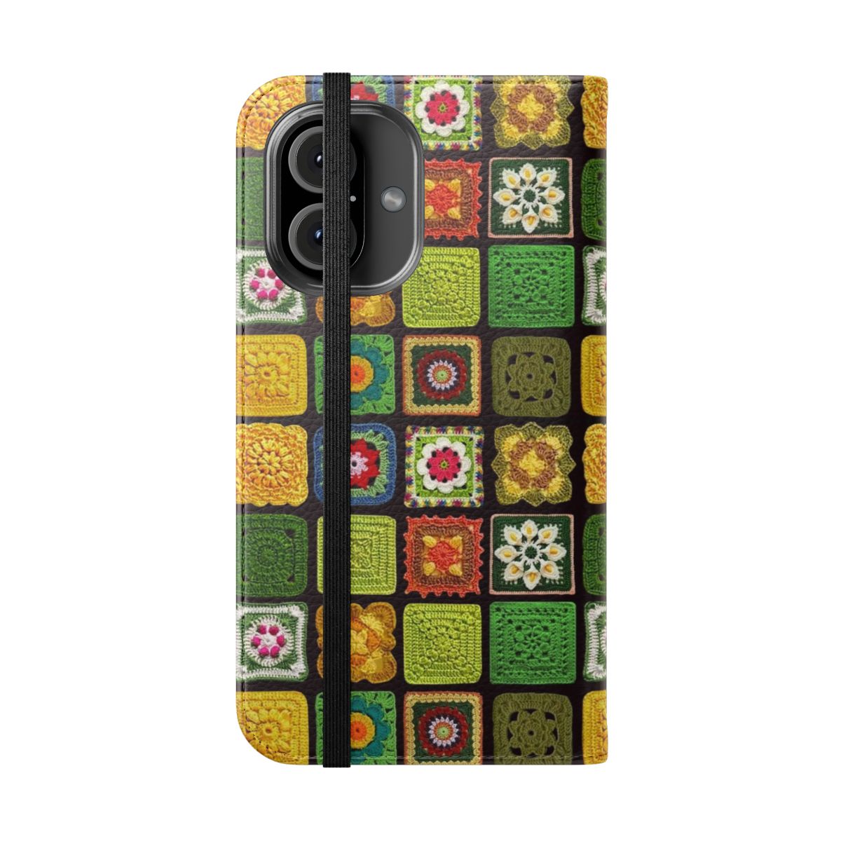 Handmade crochet phone case in black with bright, colorful granny squares - Folded Front