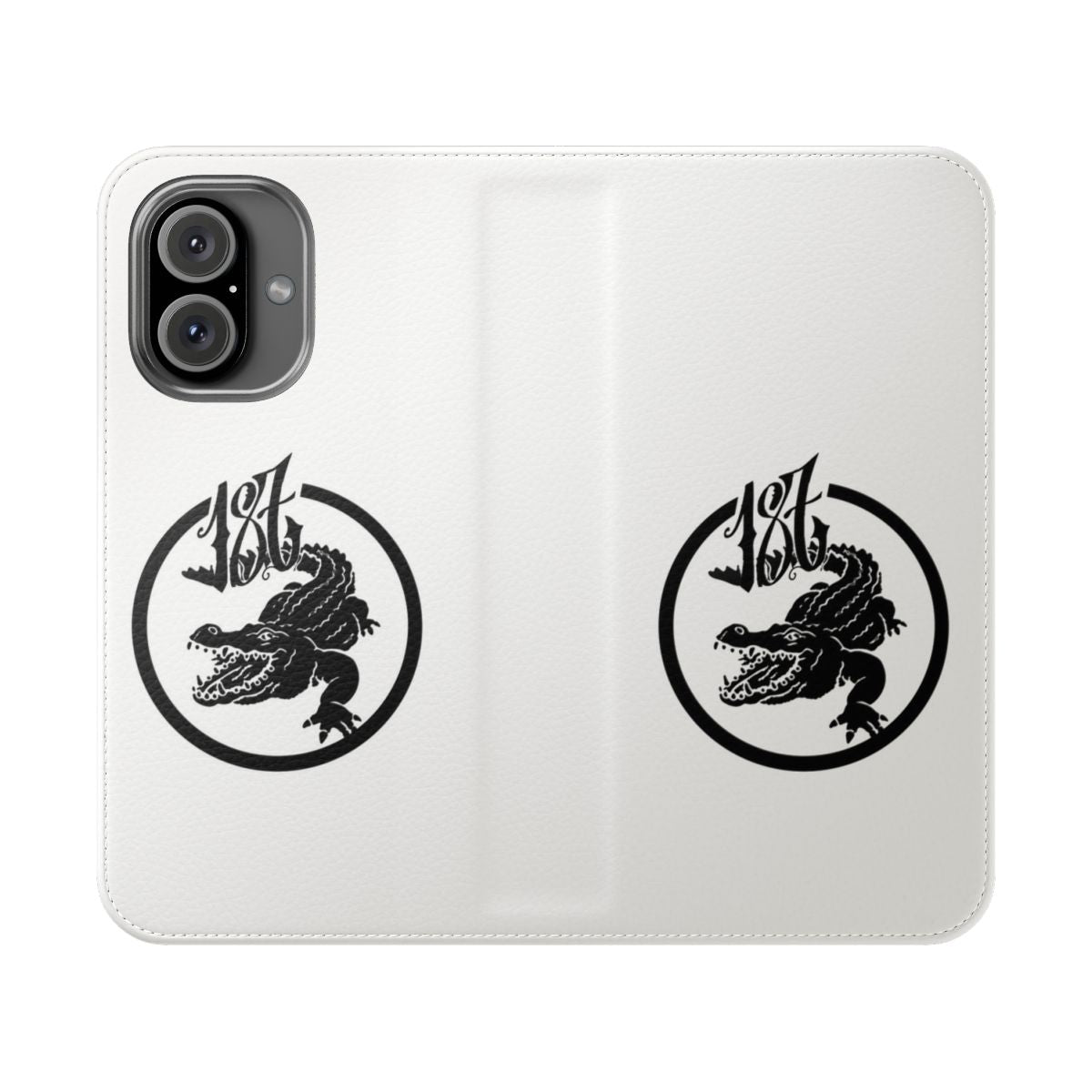 Krokodil-inspired flip cover phone case with 187 Strassenbande branding