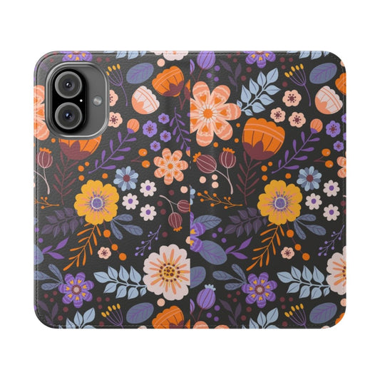 A phone case with a beautiful floral and botanical surface pattern design in navy blue and yellow.