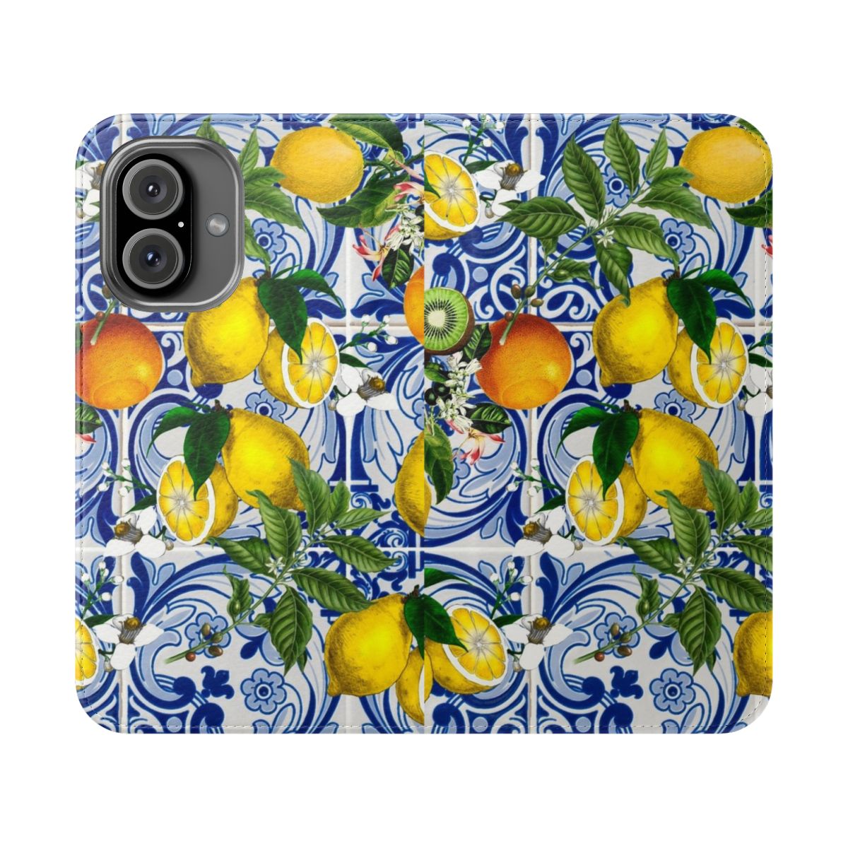 Mediterranean-inspired lemon and blue ceramic tile pattern on a flip phone case