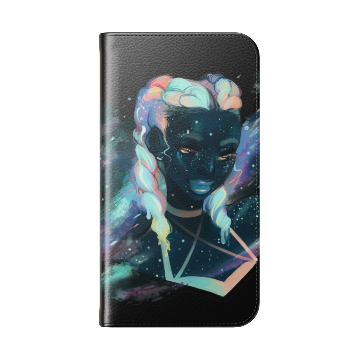 A black phone case with a detailed illustration of the Milky Way galaxy and stars. - Folded Back