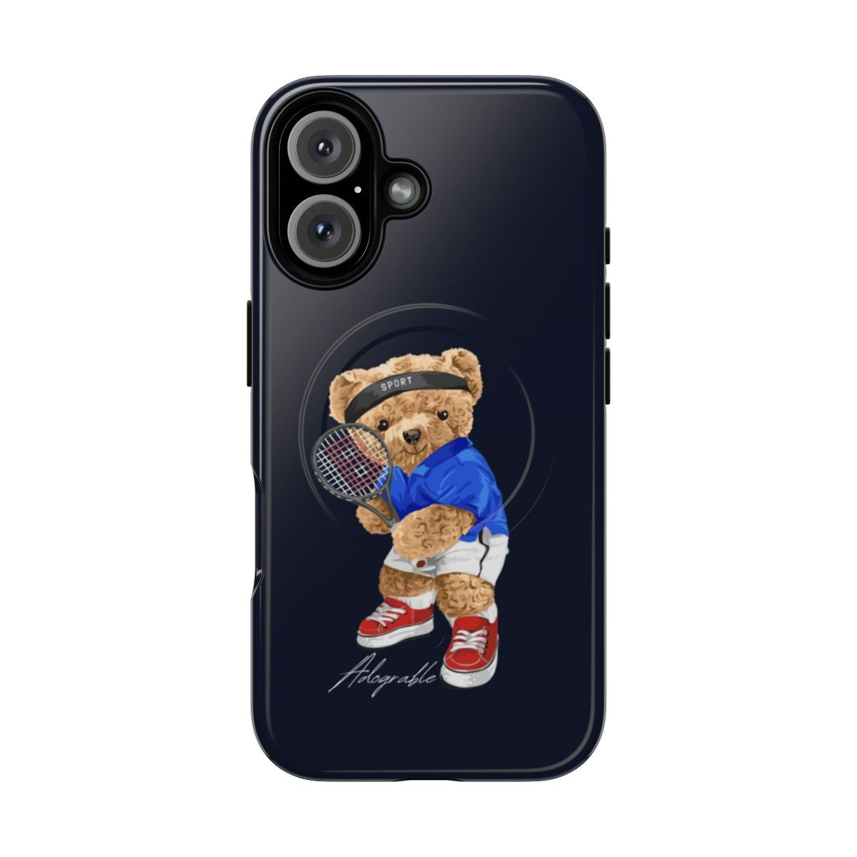 Cute bear tennis-themed phone case with magnetic closure and tough protection