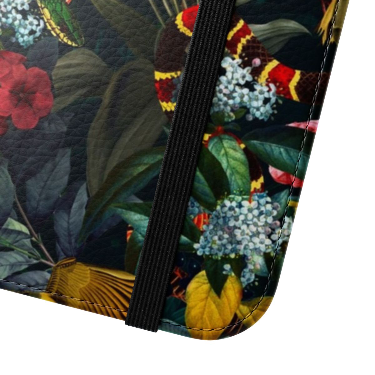 Colorful botanical phone case with birds, snakes, and tropical foliage design - Close Up