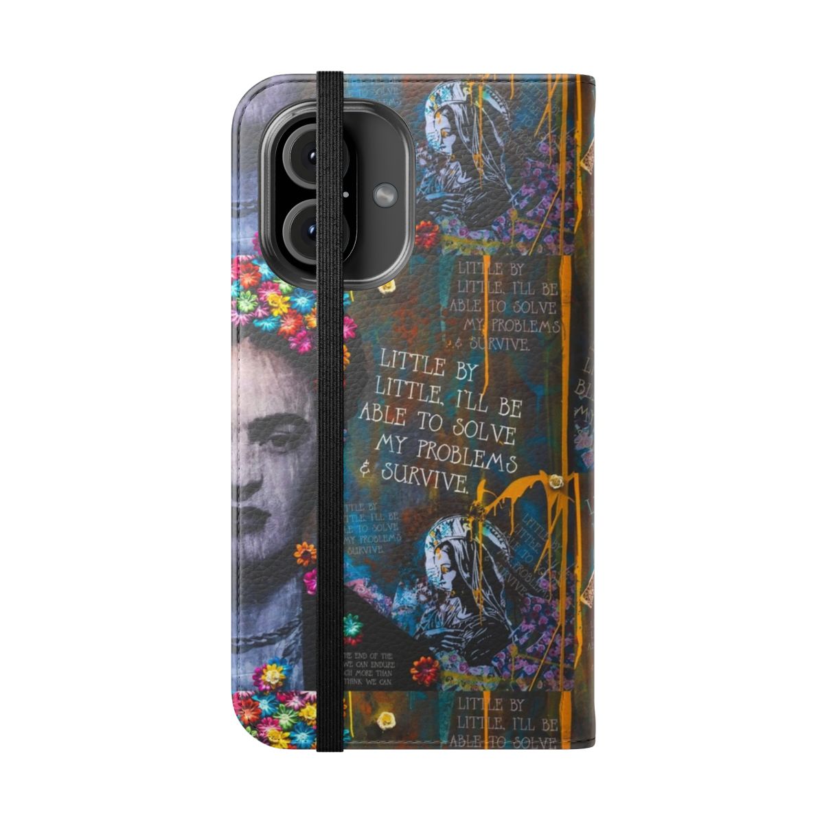 Frida Kahlo inspired flip cover phone case with motivational and resilience-focused design - Folded Front