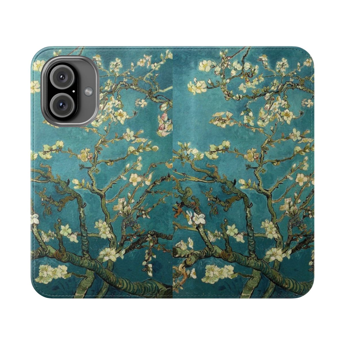 Impressionist art flip cover phone case featuring a classic painting of the Blossoming Almond Tree by Vincent van Gogh